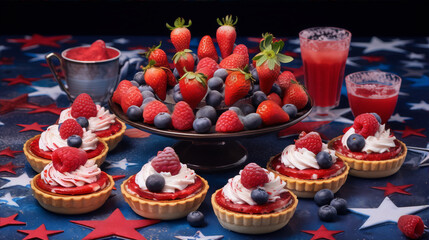 Fresh red and blue berries and cream tarts and a drink on a table. - obrazy, fototapety, plakaty