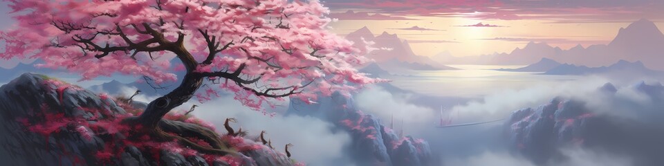 Amidst the solitude of a rocky high cliff, a solitary cherry blossom tree stands tall and proud.  - obrazy, fototapety, plakaty