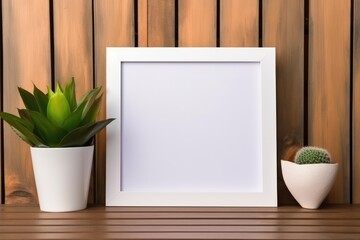 A blank photo frame with a green plant and a cactus on a wooden shelf. Blank Frame with Plants on Shelf
