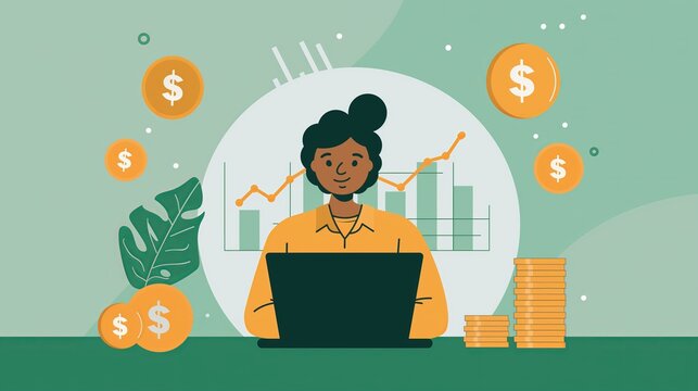 Girl working at her desk with a laptop, financial flat cartoon illustration chart in background - investment, stock market exchange crypto currency business theme stats analyzing	
