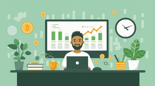Man working at her desk with a laptop, financial flat cartoon illustration chart in background - investment, stock market exchange crypto currency business theme stats analyzing	
