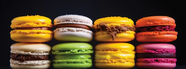 Fototapeten Colorful macarons with different fillings on a black background © louis