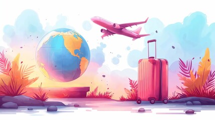 Travel illustration with airplane, Earth globe world map and suitcase cartoon voyaj
