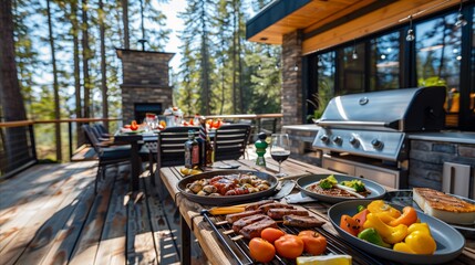 Outdoor barbecue setup with food on a sunny deck