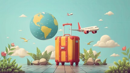 Travel illustration with airplane, Earth globe world map and suitcase cartoon voyaj