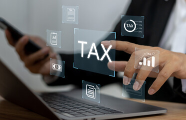 Human with TAX for Individual income tax return paying bill, E-tax, credit card, finance, Data analysis, tax, vat, government, payment, tax refund, budget, debt, money.financial and accounting concept