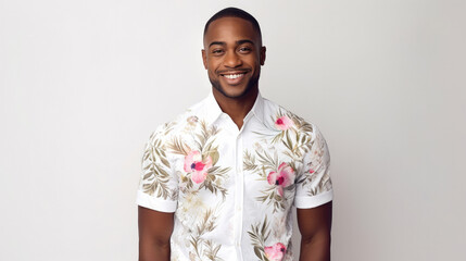 African American man in a summer floral shirt on a white wall background.