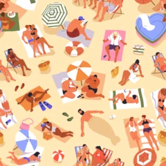 Schilderijen op glas Summer beach, seamless pattern. People relaxing, sunbathing on sand, sea resort on holiday, vacation. Endless background, print for textile, fabric, wrapping design. Printable flat vector illustration © Good Studio
