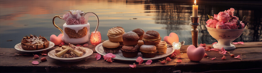 Still life of a romantic picnic at sunset with pink roses, cupcakes, and a teapot by the lake