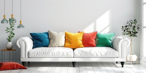 A living room with a white couch and colorful pillows