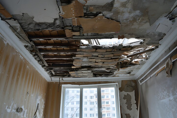 Zerstörte Zimmerdecke in einer Wohnung