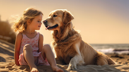 A girl and a dog are sitting on a sandy beach.