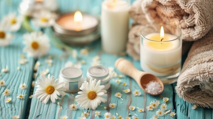 Obraz na płótnie Canvas Soothing self-care items with candles and flowers on wooden table