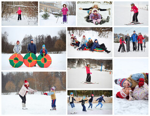 Collage with 12 people skating, skiing and snowtubs at winter outdoor