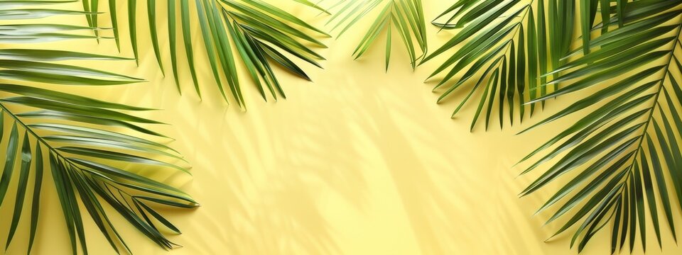 Palm leafs on yellow background with copyspace. Trendy modern design.
