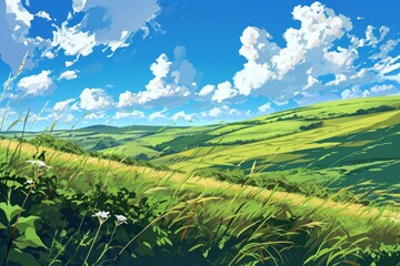 Summer fields, hills landscape, green grass, blue sky with clouds anime style