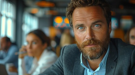 Man with beard, in blazer and collar, looks pleased at camera in restaurant