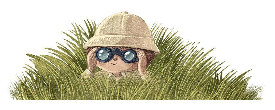 Boy explorer observing with binoculars