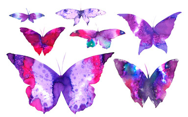 Beautiful spring violet butterflies. Watercolor illustration on white background. Spring collection