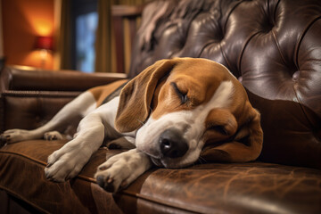 Image of cute beagle dog lying on sofa. Pet. Animals.