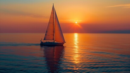 Fototapeta premium Sailboat on the Horizon at Sunset with Golden Light