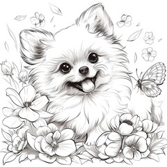 A drawing of a small dog surrounded by flowers, coloring book for kids.