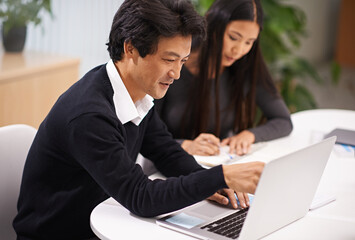 Laptop, asian business people and technology for teamwork on internet and online research on project. Japanese man, woman and working together in office in collaboration and web developer by computer