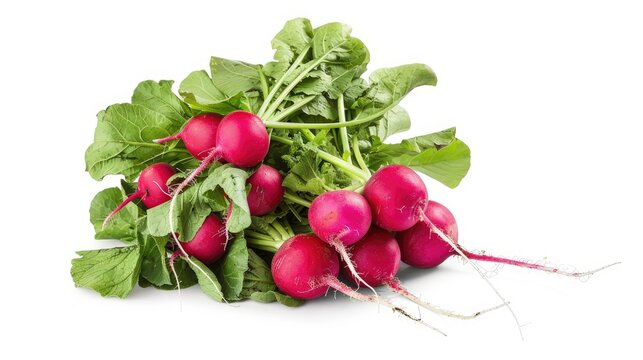 a bunch of radishes, whether in a basket, box, or on a napkin, isolated on a white background, offering ample space for accompanying text.