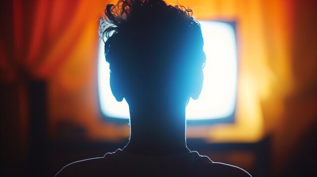 Silhouette of person watching television in dark room