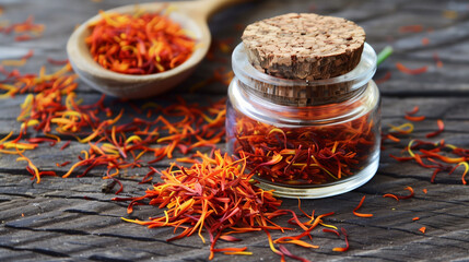 saffron in a little jar with cor and spoon the most expensice spice