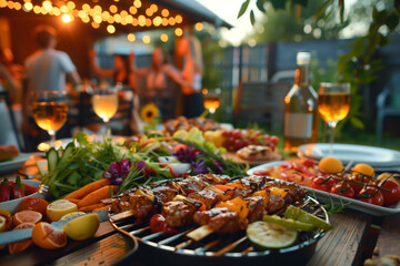 Backyard Dinner Table with Tasty Grilled Barbecue Meat Fresh Vegetables and Salads. Happy Joyful People Dancing to Music Celebrating and Having Fun in the Background on House Porch.