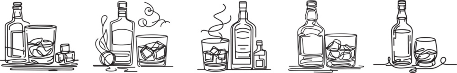 botle and glass of whisky line art drawing set