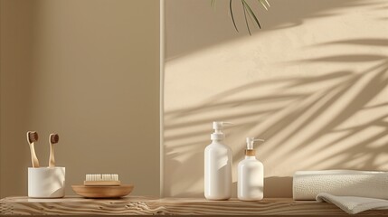 Minimalistic bathroom accessories with natural light shadows