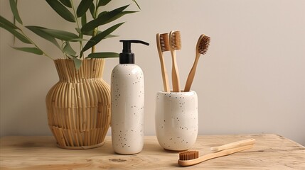 Modern bathroom accessories with bamboo toothbrushes