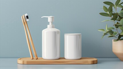 Fototapeta na wymiar Minimalist bathroom accessories on a bamboo tray