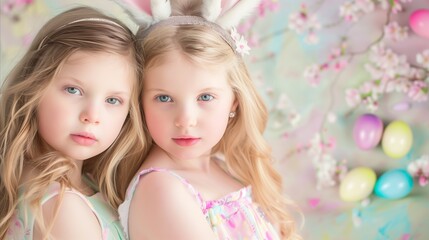 Obraz na płótnie Canvas Young girls in pastel dresses celebrating Easter