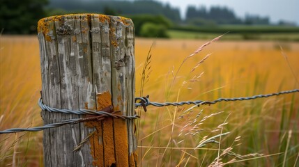 Rustic fence post in a tranquil rural landscape
