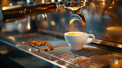 Espresso makeing with an expensive big coffee machine in a bistro or café - obrazy, fototapety, plakaty