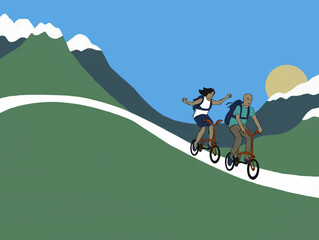 man and woman riding a bicycle among the mountains