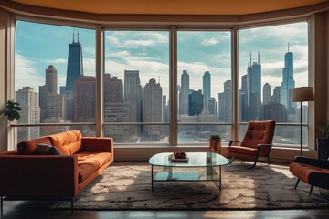 Chicago penthouse living room or office minimalistic interior design, floor to ceiling windows with downtown scenic cityscape on sunny day, sun warm light - obrazy, fototapety, plakaty