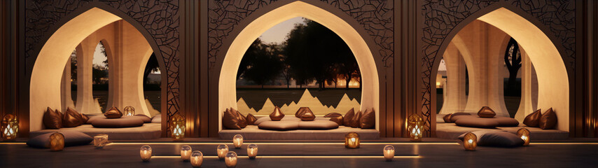 3D rendering of a luxurious living room with intricate Moroccan-style archways and plush seating.