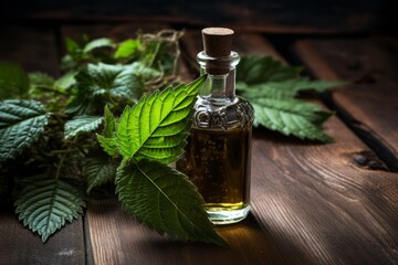 Nettle leaves and essential oil bottle on rustic wooden surface for natural remedies - obrazy, fototapety, plakaty
