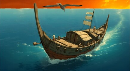 Seamless Looping Time-Lapse Animation Video Background: Fishing Boat at Sunset on the Open Sea