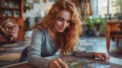 Young woman deeply focused on puzzle solving at home - obrazy, fototapety, plakaty