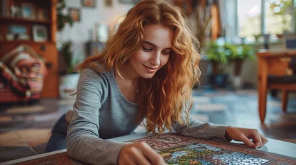 Fotobehang Young woman deeply focused on puzzle solving at home © Mustafa