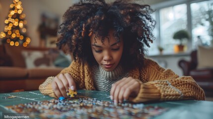 Young woman enjoying puzzle solving in cozy living room - obrazy, fototapety, plakaty