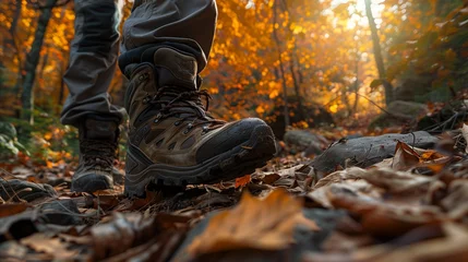 Papier Peint photo Lavable Route en forêt Closeup of hiking boots on a forest trail in autumn