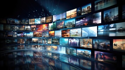 dynamic array of multimedia screens with various images, symbolizing the concept of streaming services and digital media consumption. - obrazy, fototapety, plakaty
