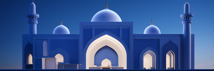 3D rendering of a blue and white mosque with intricate geometric patterns and a blue sky in the background.