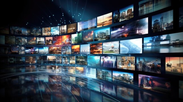 dynamic array of multimedia screens with various images, symbolizing the concept of streaming services and digital media consumption.